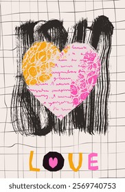 Pink vector distressed heart with lace texture and hand written illegible text on dark paint brush stroke and plaid background with text Love