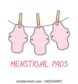 Pink vector doodle illustration with Dry reusable cloth menstrual pads on a rope. Zero waste supplies for personal hygiene. Sustainable lifestyle. Plastic-free concept.