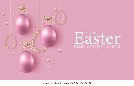 Pink vector Easter card with 3D realistic pink Easter eggs and gold bows. Easter background, poster, banner.