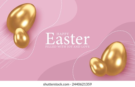Pink vector Easter card with 3D realistic golden Easter eggs. Easter background, poster, banner.