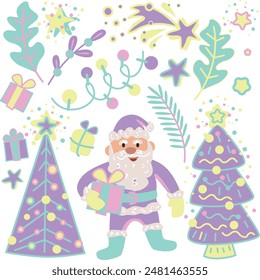 Pink vector elements, cartoon style. Merry Christmas and Happy new year decorations.
