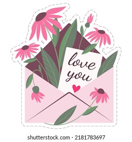 Pink vector envelope decorated with flowers. Declaration of love, message for the second half. Romantic letter, mailing for lovers.