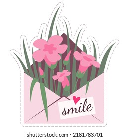 Pink vector envelope decorated with flowers. Declaration of love, message for the second half. Romantic letter, mailing for lovers.