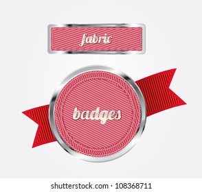 Pink vector fabric badges with red ribbon and metallic decorations