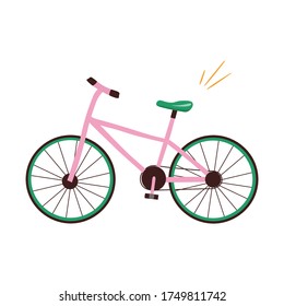 Bicicleta plana vector rosa con una silla verde sobre un fondo blanco. Bonita ilustración plana vectorial en estilo de dibujos animados.