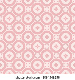 Pink vector floral seamless pattern. Elegant geometric ornament, abstract background texture with flower shapes, circles, grid. Cute fashionable design for babies, girls, prints, decoration, clothing
