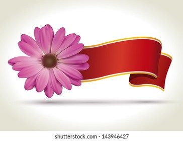 Pink vector flower with red ribbon on light background for your text.