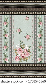 pink vector flowers with brown floral border pattern on green background