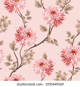 pink vector flowers with brown leaves pattern on pink background