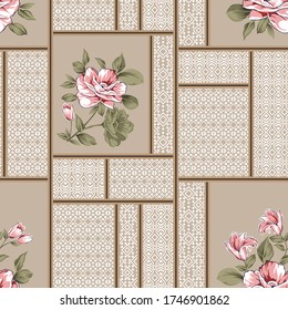 pink vector flowers bunches with negative bandanna pattern