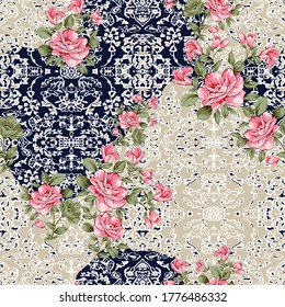 pink vector flowers bunches pattern on texture navy and cream background