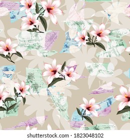 pink vector flowers bunches pattern on texture halftone cream background