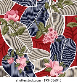 pink vector flowers green leaves bunches pattern on seamless leaf background