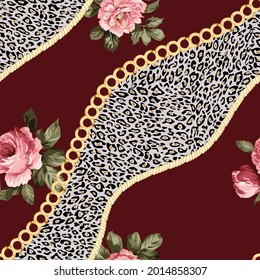 pink vector flowers with green leaves bunches pattern on gold chain leopard red background