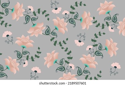pink vector flowers with green leaves pattern on glay background. seamless ethnic rotary repeat fabric and tile design.