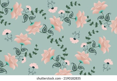 pink vector flowers with green leaves pattern on green background. seamless ethnic rotary repeat fabric and tile design.