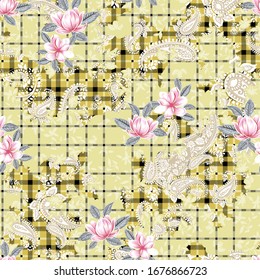 pink vector flowers grey leaves pattern on paisley with stripe yellow background