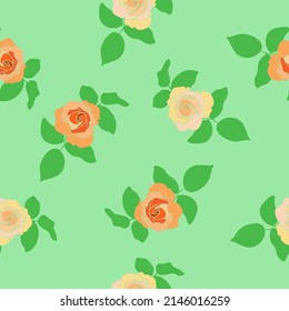 Pink  vector flowers with  leaves bunches pattern on green background. Seamless pattern. Delicate girly ornament