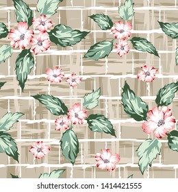 pink vector flowers with leaves pattern on grey texture background