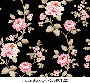 pink vector flowers with leaves pattern on black background