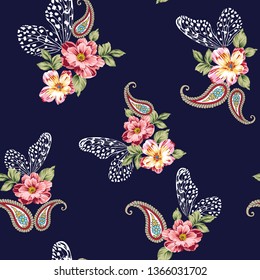 pink vector flowers with paisley pattern on navy background