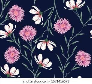 Pink vector flowers pattern on navy background