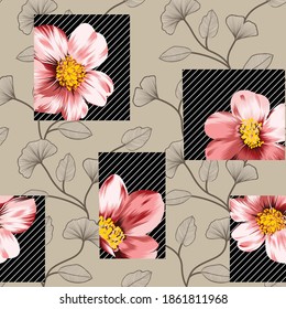 pink vector flowers pattern on black and cream bandanna background
