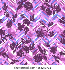 Pink Vector flowers seamless pattern ditsy floral on a geometric background. Hand drawn floral little meadow flowers on a zigzag ornament. Roses Pastel violet trendy color