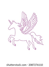 Pink vector flying unicorn horse pony Pegasus silhouette with wings.Fairytale stencil outline drawing illustration.Plotter laser cutting.T shirt print design.Vinyl wall sticker decal.Cricut.Cut.DIY