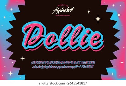 Pink Vector Font and Alphabet with Blue Outline. Feminine Cute Typography Inspired by Doll Style, Stylish Decorative Letters and Numbers for Girls, Posters, Birthdays, Toys and Branding Design
