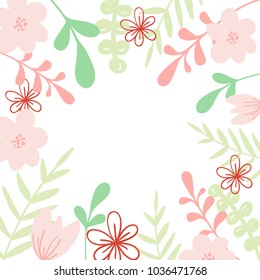 Pink vector frame with flower and leaves. Illustration for wedding invitation card, print.