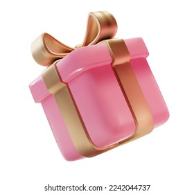 Pink vector gift box isolated. Realistic Valentine gift box, with gold satin bow. Cube shape present box.