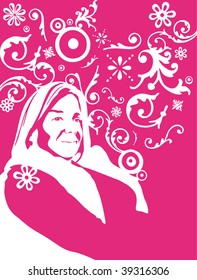 pink vector girl with floral elements