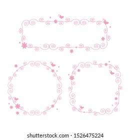 pink vector girly cute beautiful frame with curls of butterflies flowers isolated on white background