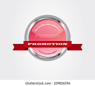 Pink vector glossy glass round badge / banner with metallic decoration and red ribbon "Promotion"
