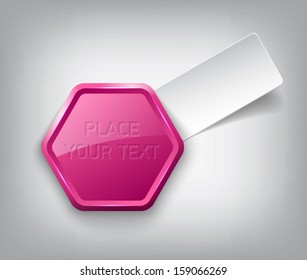Pink vector glossy hexagonal plastic badge with paper tag