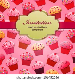 Pink vector greeting card with cupcakes