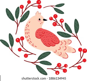 Pink vector hand drawn bird with berries flat, hand drawn, childish design isolated on white background. Concept for logo, cards, print