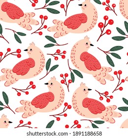 Pink vector hand drawn bird with berries flat, hand drawn, childish seamless pattern isolated on white background. Concept for logo, cards, print