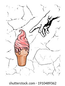 Pink vector hand drawn ice cream cone and hand of God.T shirt print design.The Creation of Adam.Hand black silhouette drawing with textured fresco background like Michelangelo's in the Sistine chapel.