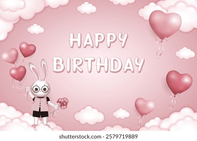 Pink Vector Happy Birthday illustration with Bunny Boy, Floating Heart Balloons and Clouds, Dreamy Pastel Illustration for Greeting Cards and Celebration Designs