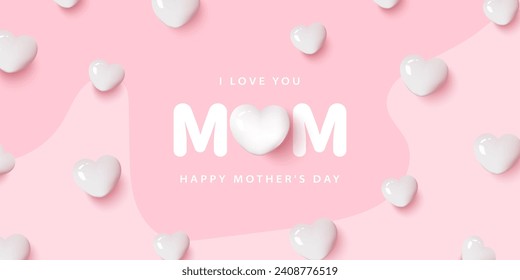 Pink vector Happy Mother's Day card with white glossy hearts.