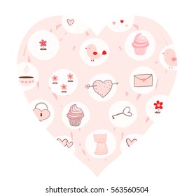 A pink vector heart card with cute drawings for Valentine's day