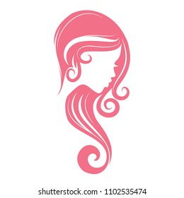pink vector icon girl silhouette with wavy long hair 