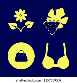 pink vector icons set. with brassiere, grape, handbag and flower in set