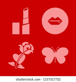 pink vector icons set. with rose heart, butterfly, lips and lipstick in set