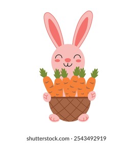 Pink vector illustration of a beautiful adult young hare with carrot isolated on a white background