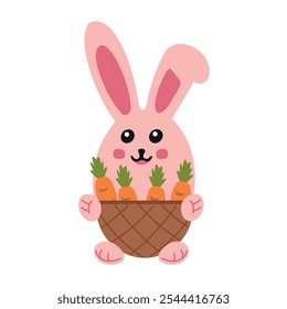 Pink vector illustration of a beautiful adult young hare with carrot isolated on a white background