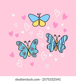 Pink vector illustration of butterfly and hearts for Valentine card, animal, spring and summer, background, backdrop, wallpaper, picnic, park, yard, book cover, zoo, blossom, sticker, poster, wedding