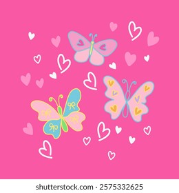 Pink vector illustration of butterfly and hearts for Valentine card, animal, spring and summer, background, backdrop, wallpaper, picnic, park, yard, book cover, zoo, blossom, sticker, poster, wedding